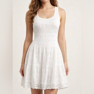 Max Studio Creamy White Cotton Dress, lined, smocked, eyelet lace, sz S